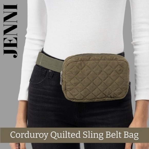 Jenni Handbags - JENNI Quilted Corduroy Top Zip Sling Bag BeltBag/Belt Bag Olive Green-Size S/M